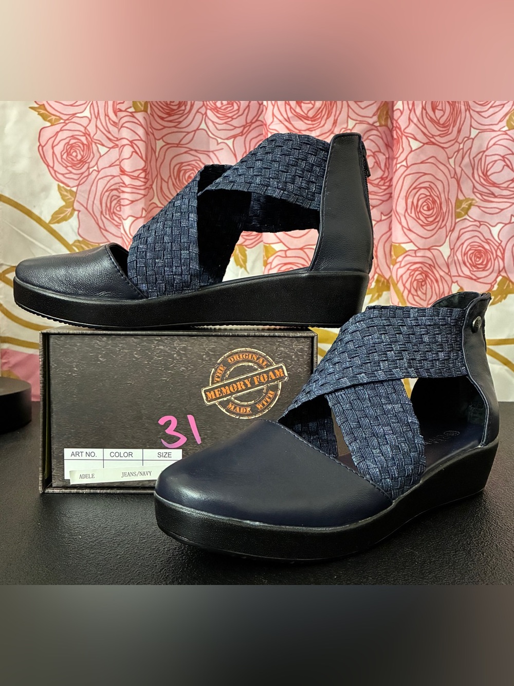 bernie mev. Adele Navy Wedge Sandals with Elastic Cross-Strap